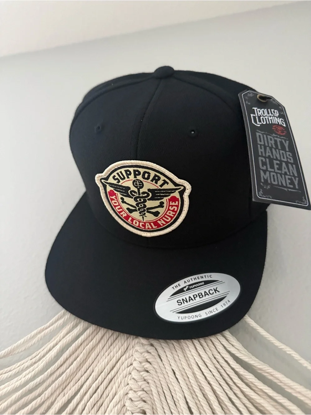 Trolls Black Snapback Hat with Red & Cream Support Patch